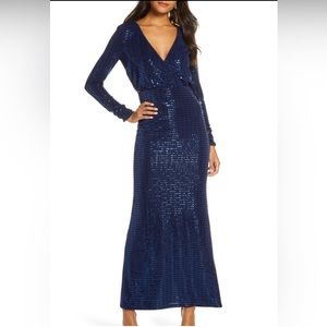 Vince Camuto Sequin Stripe Long Sleeve Evening Gown